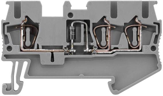 Ein graues technisches Bauteil in Querschnittsansicht, zeigt drei interne Metallverbindungen und Kupferverdrahtungselemente.