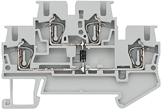 Grau geformte Klemmschiene mit Kupferverbindungen und Metallfedern. Technische Komponente zur elektrischen Verdrahtung gezeigt.