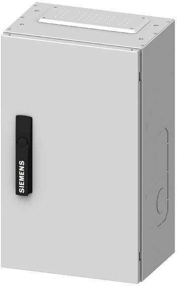 Ein metallener Schaltschrank mit einem schwarzen Griff, beschriftet mit 'Siemens'.