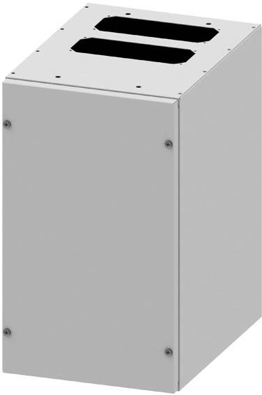 Ein rechteckiges, graues Metallgehäuse mit zwei rechteckigen Öffnungen oben, geeignet für industrielle Anwendungen oder Elektronik.