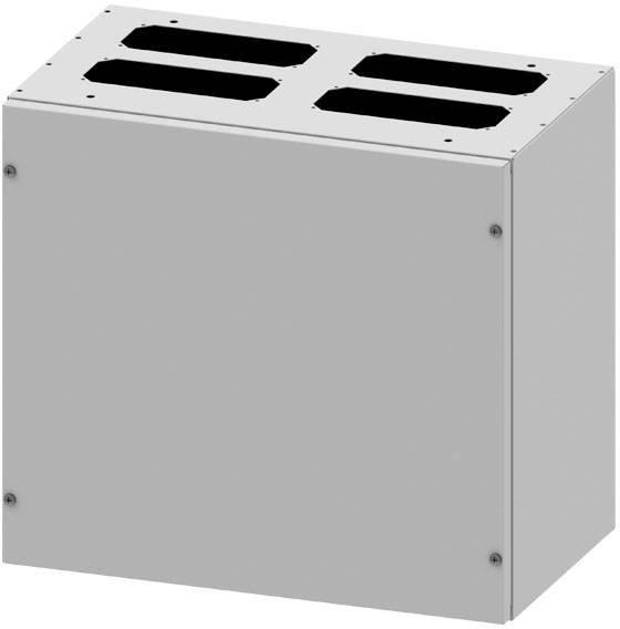 Ein rechteckiges, graues Metallgehäuse mit vier rechteckigen Öffnungen auf der Oberseite, vermutlich für technische Anwendungen.