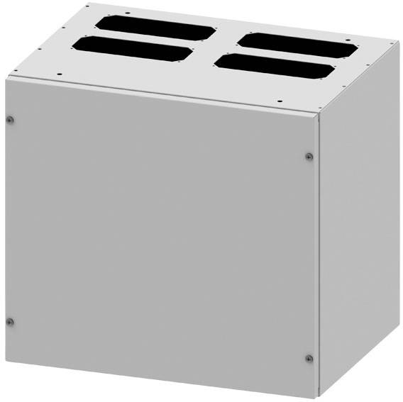 Grau lackierter Metallkasten mit vier rechteckigen Öffnungen an der Oberseite, möglicherweise eine Art elektronisches Gerät.
