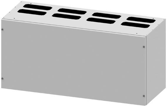 Metallisches rechteckiges Gehäuse mit mehreren rechteckigen Öffnungen oben. Es scheint ein technisches Bauteil oder Gehäuse zu sein.