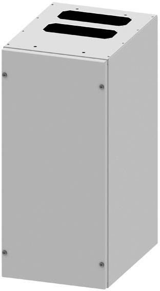 Ein rechteckiges, graues Metallgehäuse mit zwei rechteckigen Öffnungen oben, möglicherweise ein elektrisches Gerät oder Gehäuse.