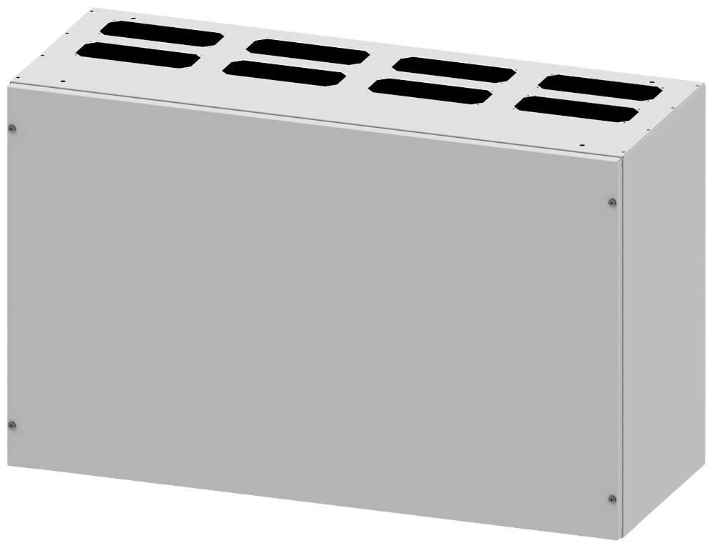 Metallisches Gehäuse mit rechteckigen Lüftungsschlitzen an der Oberseite, möglicherweise für technische oder industrielle Anwendung.