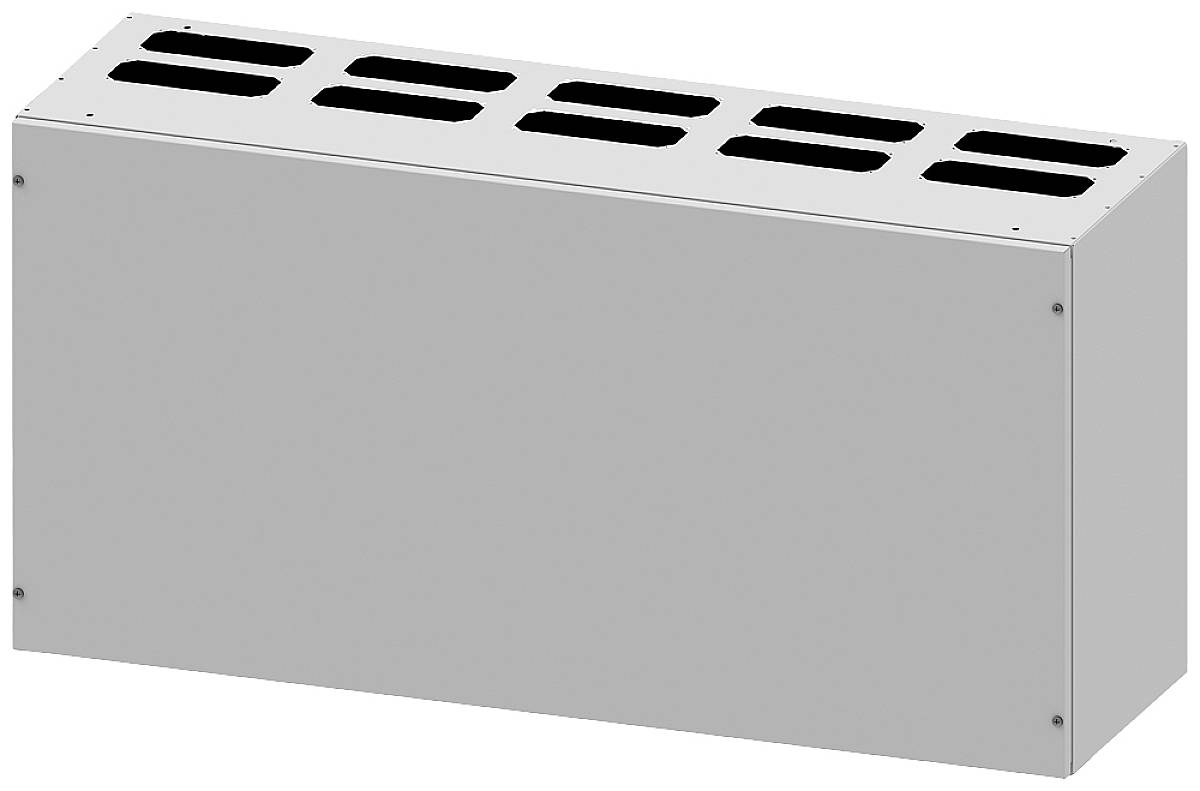 Rechteckige Metallbox mit mehreren Schlitzen an der Oberseite, möglicherweise ein Lüftungselement oder Gehäuse.