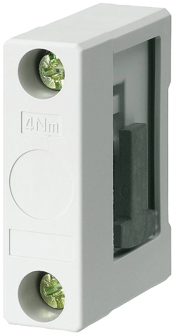 Ein weißes elektrisches Terminalgehäuse mit zwei sichtbaren Schrauben und der Aufschrift '4 Nm'.