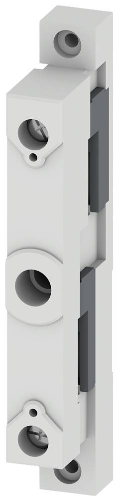 Metallisches Bauteil mit drei runden Öffnungen, vertikal gestapelt. Zwei graue Einsätze an den Seiten, möglicherweise ein mechanisches Element.