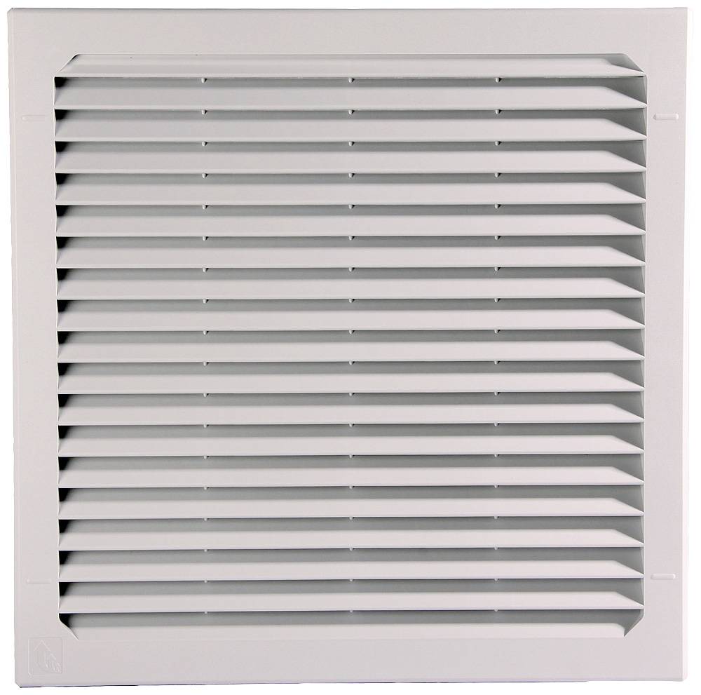 Quadratisches Belüftungsgitter mit horizontalen Lamellen, weiß. Geeignet für Luftzirkulation und Ventilation in Innenräumen.