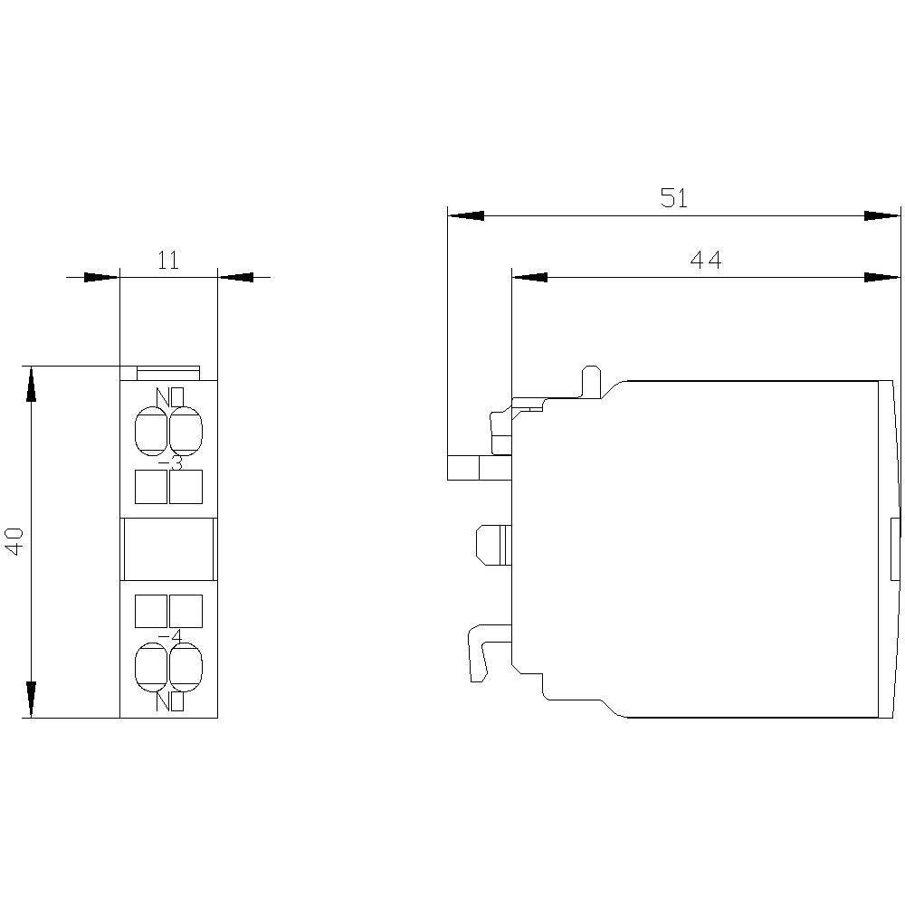 Technische Zeichnung eines elektrischen Bauteils mit Abmessungen: Höhe 40 mm, Breite 11 mm, Tiefe 51 mm, relevante Details hervorgehoben.