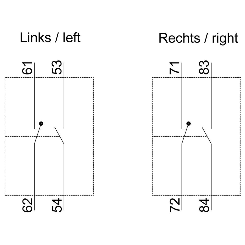 Diagramm der Schaltverbindungen: Links zeigt Werte 61/53 oben und 62/54 unten. Rechts zeigt Werte 71/83 oben und 72/84 unten.