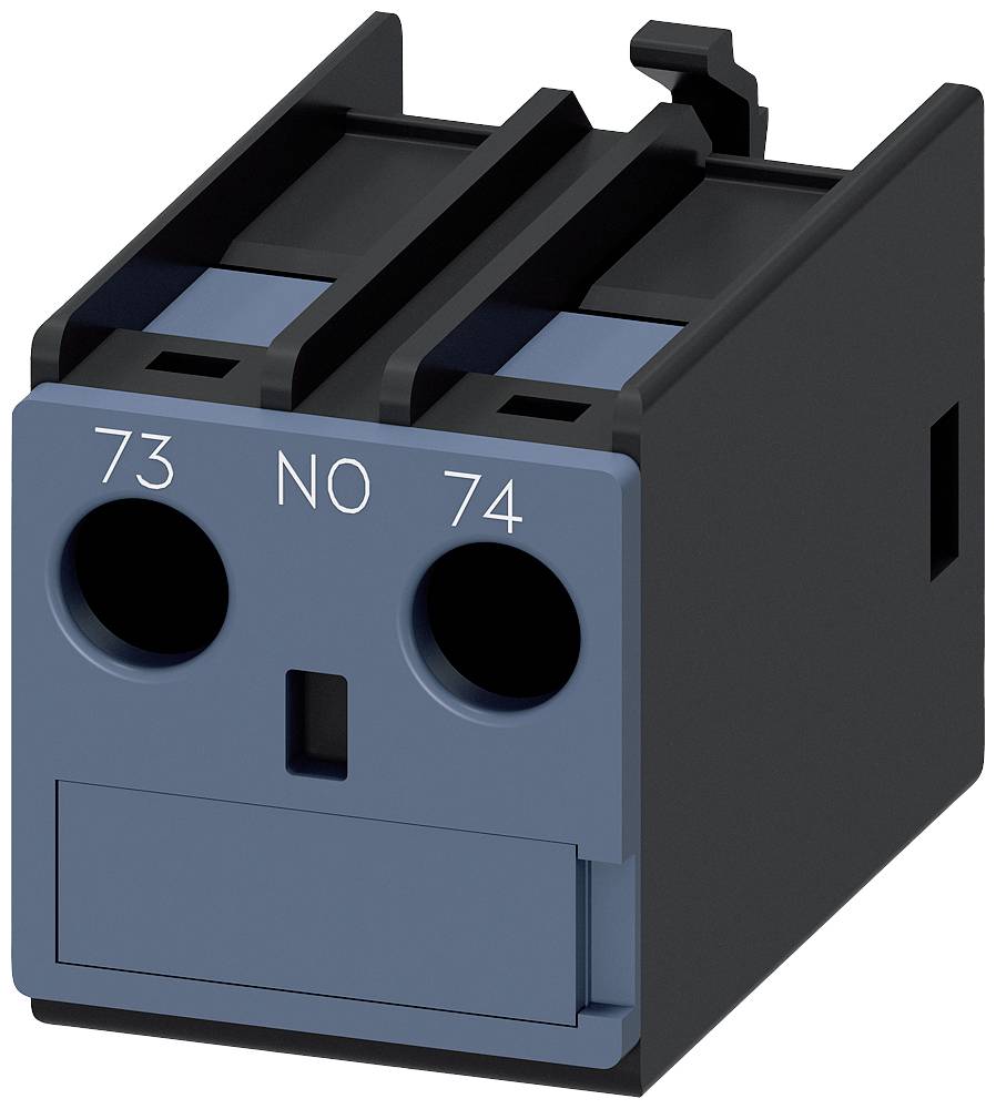 Ein rechteckiger, blauer und schwarzer elektrischer Klemmenblock mit den Beschriftungen '73', 'NO' und '74'.
