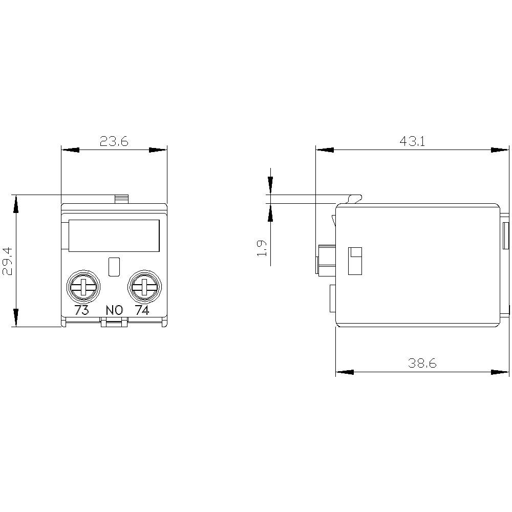 Technische Zeichnung eines kleinen elektronischen Bauteils mit Abmessungen. Frontal- und Seitenansicht zeigen Maßeinheiten und Details.
