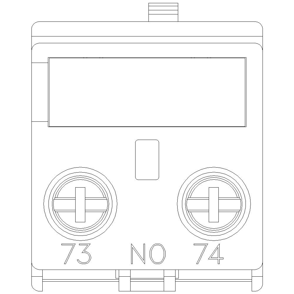 Ein technisches Diagramm eines elektrischen Schaltgeräts mit den Beschriftungen 'NO', '73', und '74'. Oben sind Anschlussklemmen.