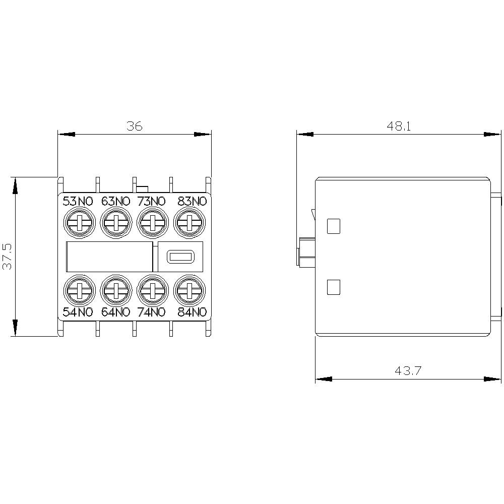 Technische Zeichnung eines elektrischen Relais mit acht Anschlüssen, beschriftet mit '53NO', '63NO', '73NO', '83NO', '54NO', '64NO', '74NO', '84NO'. Maße: 36x37.5 mm.