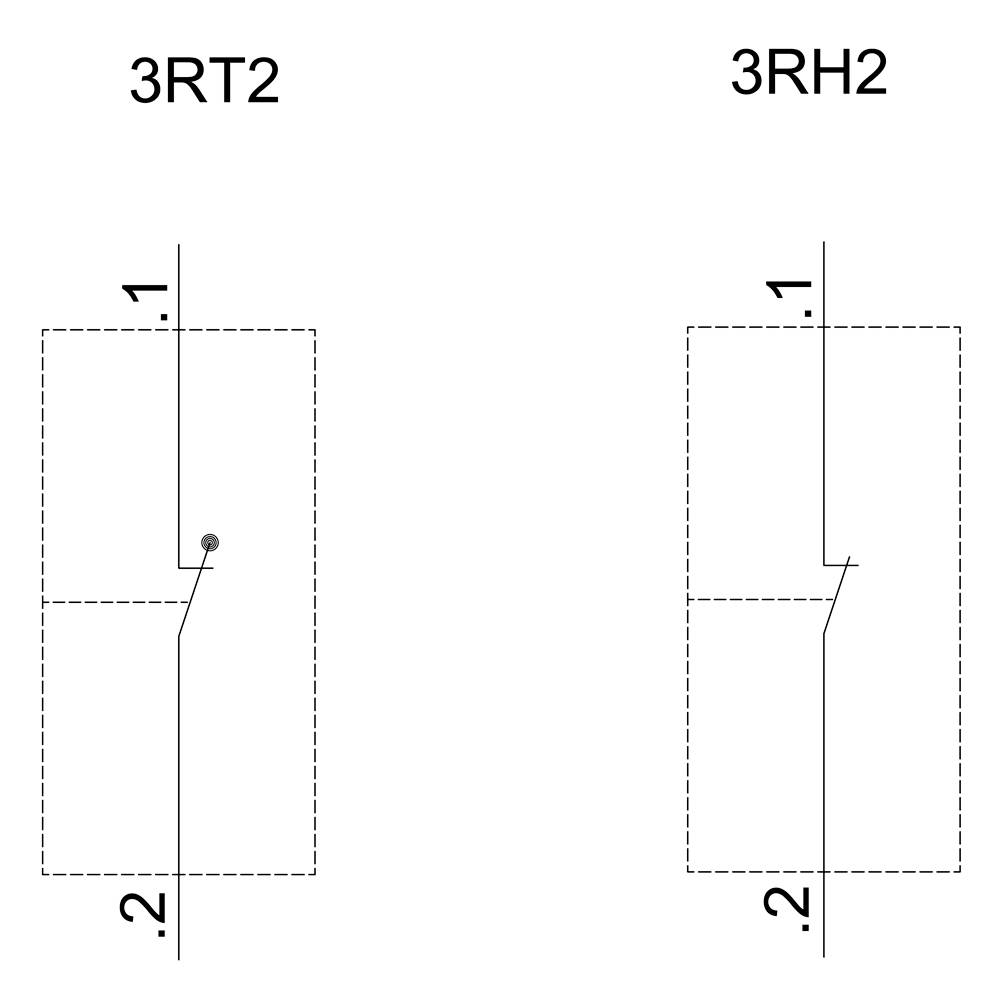 Schaltplan zeigt zwei Schalter: links '3RT2', rechts '3RH2'. Beide Schalter drehen sich oben '1' nach unten '2'.