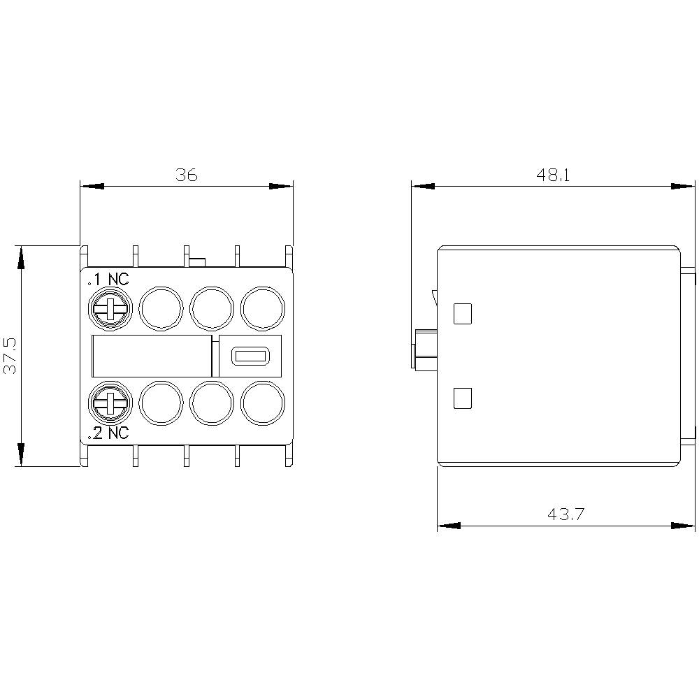 Technische Zeichnung eines elektrischen Relais mit Maßen: Breite 36 mm, Tiefe 43,7 mm, Höhe 48,1 mm. Zeigt Anschlüsse und Stiftbelegung.