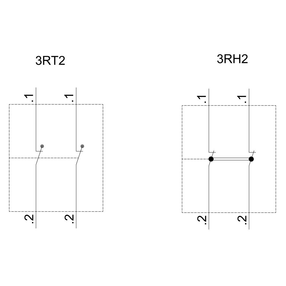 Schaltplanskizze: Links ein Motorstarter '3RT2', rechts ein Hilfsschütz '3RH2', jeweils mit zwei Kontakten, nummeriert von 1 bis 2.