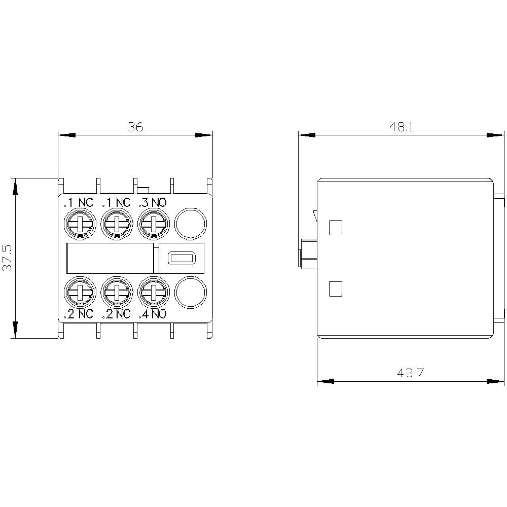 Schaltschema eines elektrischen Relais mit Abmessungen: Breite 36 mm, Tiefe 37,5 mm, Höhe 48,1 mm. Zeigt Anschlussklemmen und Kontaktbelegung.