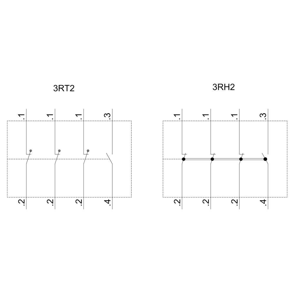 Schütz 3RT2 links und Relais 3RH2 rechts dargestellt; beide zeigen interne elektrische Schaltungen mit jeweils vier Anschlussnummern.