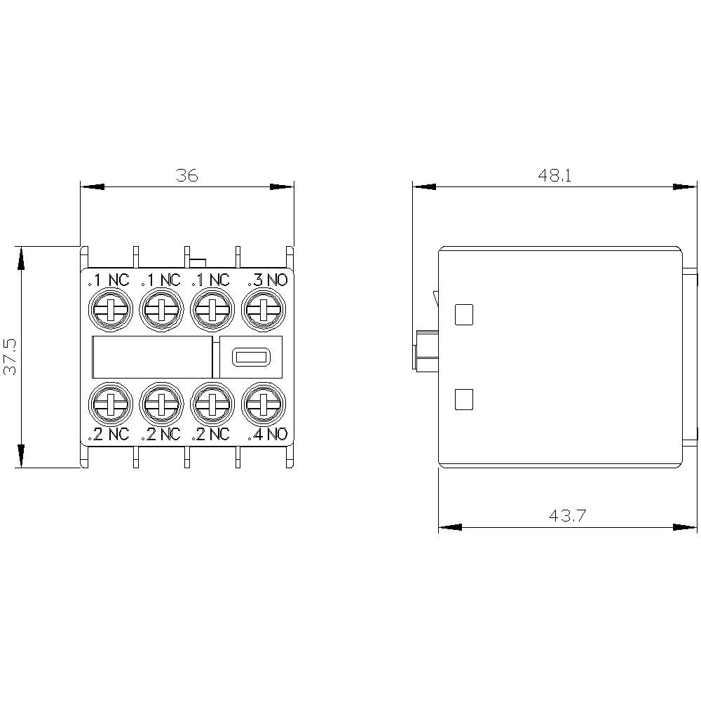 Technische Zeichnung eines elektrischen Steckverbinders mit Abmessungen: 36 x 37,5 mm Vorderansicht; 48,1 x 43,7 mm Seitenansicht.