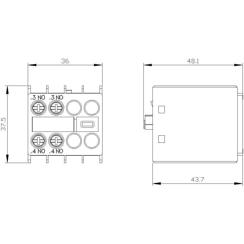 Technische Zeichnung eines Relais mit Abmessungen: 36x37,5 mm und 48,1x43,7 mm. Zeigt die Anschlüsse und ihre Beschriftung.