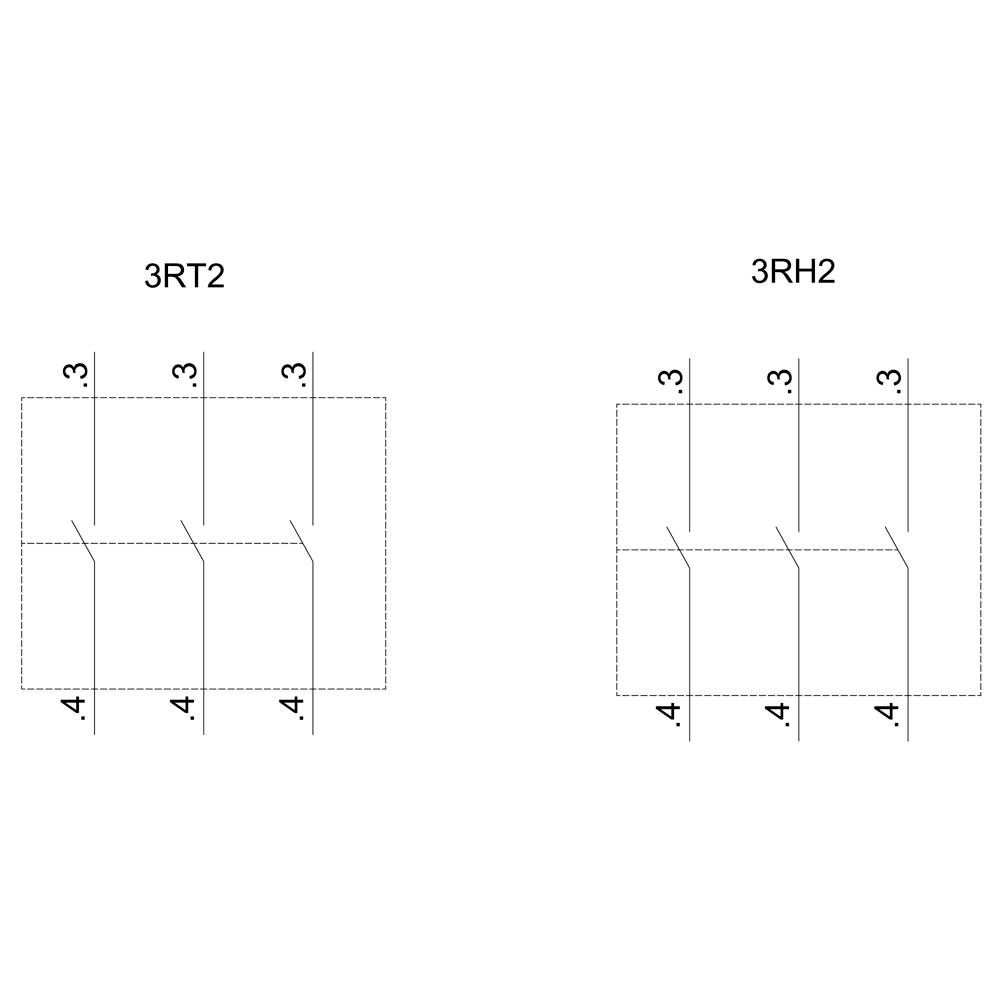 Schematische Darstellung von zwei elektrischen Schaltungen. Links: 3RT2 mit Anschlüssen 3 und 4. Rechts: 3RH2 mit Anschlüssen 3 und 4.