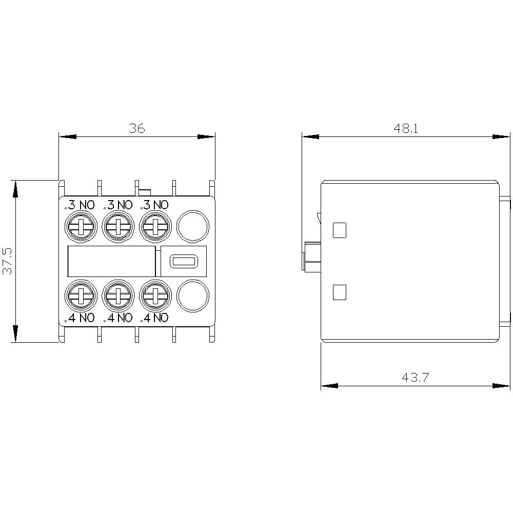 Technische Zeichnung eines elektronischen Bauteils mit Maßen: 36 x 37,5 mm oben, 48,1 x 43,7 mm seitlich. Anschlüsse gekennzeichnet mit '.3 NO' und '.4 NO'.