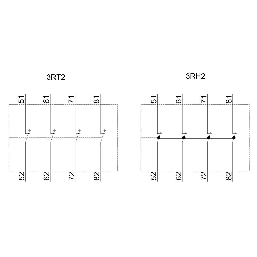 Schaltplan eines Relais: Links 3RT2 mit Anschlüssen 51 bis 81, rechts 3RH2 mit denselben Anschlussnummern, verbunden durch horizontale Linien.