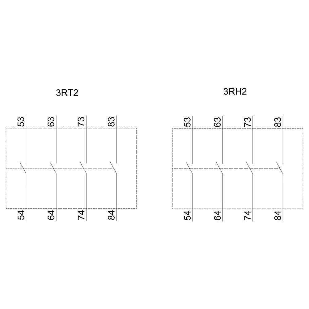 Diagramm zeigt zwei Schaltpläne: '3RT2' und '3RH2' mit Anschlusspunkten 53-54, 63-64, 73-74, 83-84; repräsentiert Schaltkontakte.