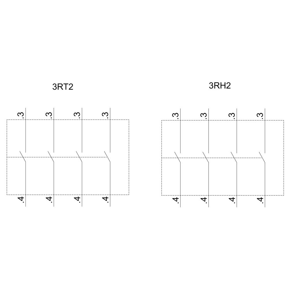 Schaltplan mit zwei Symbolen für Kontakte: links 3RT2, rechts 3RH2. Beide zeigen je drei Öffner, Beschriftung an den Seiten: 3 und 4.