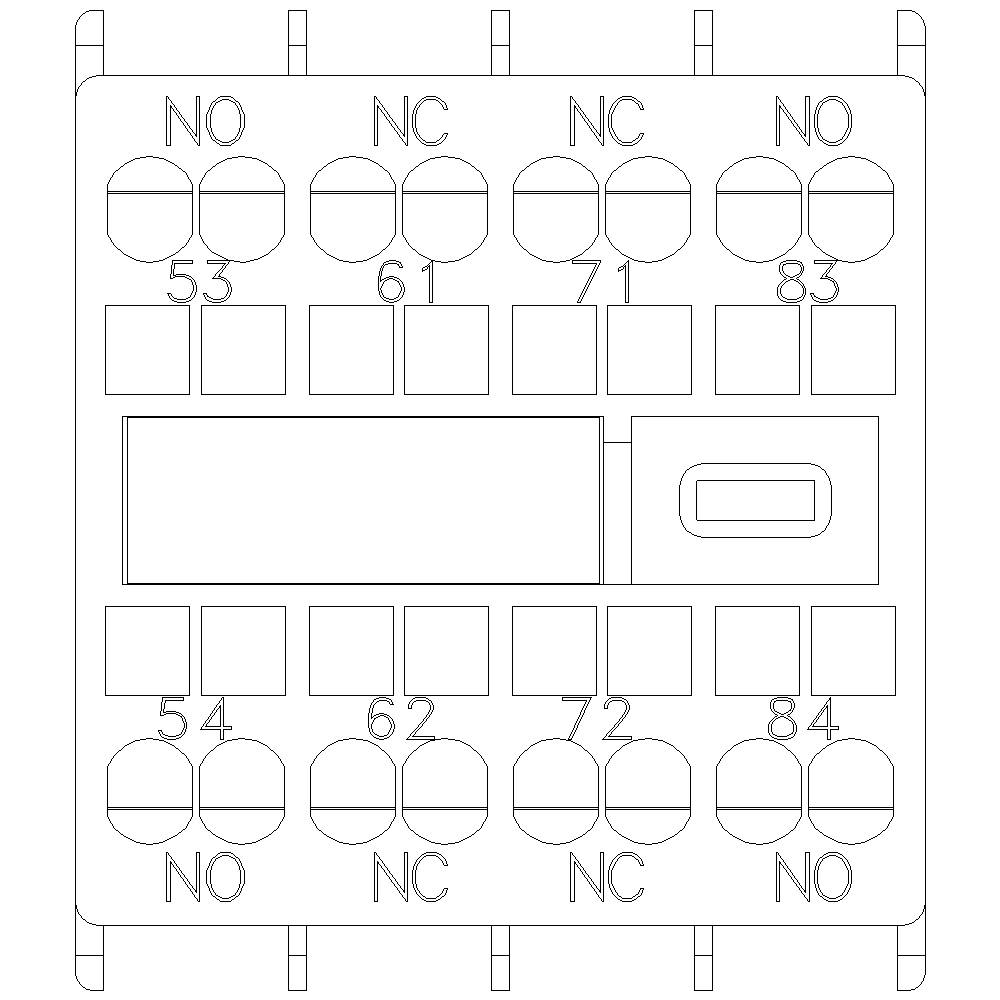 Diagramm eines elektrischen Anschlussplans mit den Beschriftungen NO, NC und den Zahlen 53, 54, 61, 62, 71, 72, 83, 84.
