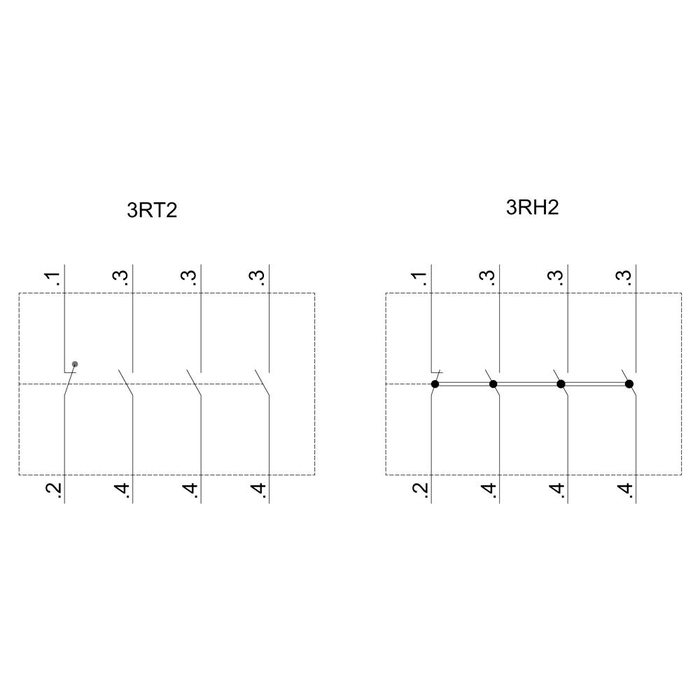 Schaltplan zweier elektrischer Komponenten: links '3RT2' mit Kontakten 1-2, 3-4; rechts '3RH2' mit Kontakten 1-2, 3-4, 5-6.