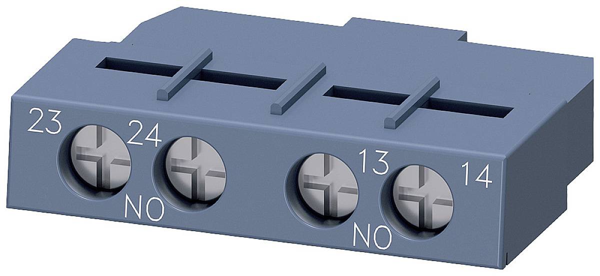 Graue Anschlussklemme mit vier Schraubklemmen. Beschriftet mit '23', '24', 'NO', '13', '14', 'NO'. Dient zur Verdrahtung elektrischer Komponenten.