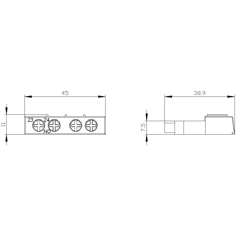 Technische Zeichnung eines Bauteils mit Maßen: Breite 45 mm, Höhe 11 mm, Tiefe 38,9 mm. Zeigt vier markierte Kontakte, nummeriert von 21 bis 24.