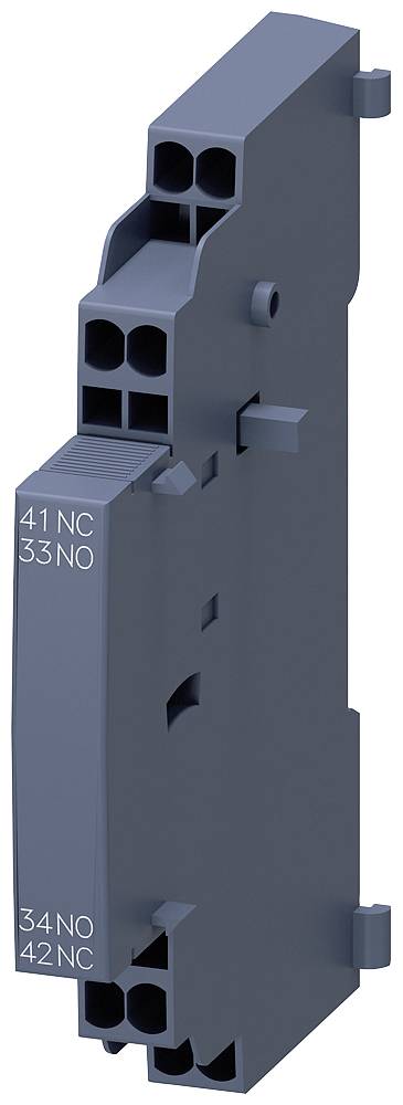 Ein dunkelgraues, vertikales Kunststoffteil mit mehreren quadratischen Anschlüssen und den Aufschriften '41 NC', '33 NO', '34 NO', '42 NC'.
