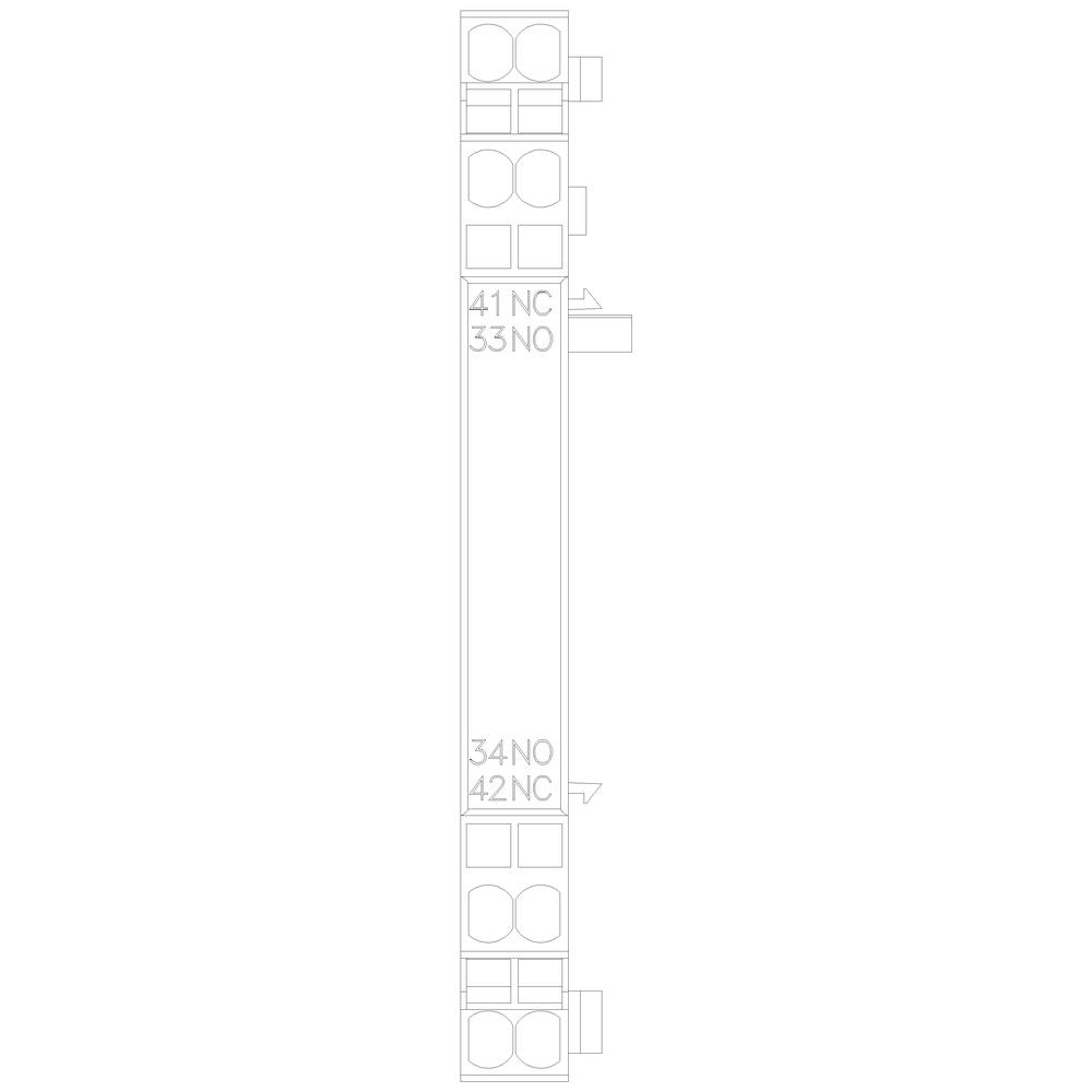 Ein einfaches Diagramm eines elektrischen Schaltkreises mit markierten Anschlüssen: '41 NC', '33 NO', '34 NO', '42 NC'.