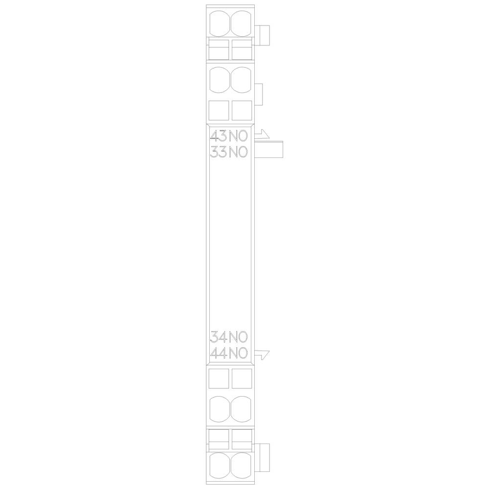 Die Abbildung zeigt eine schematische Darstellung eines Racks mit nummerierten Anschlüssen: 43 NO, 33 NO, 34 NO, 44 NO.