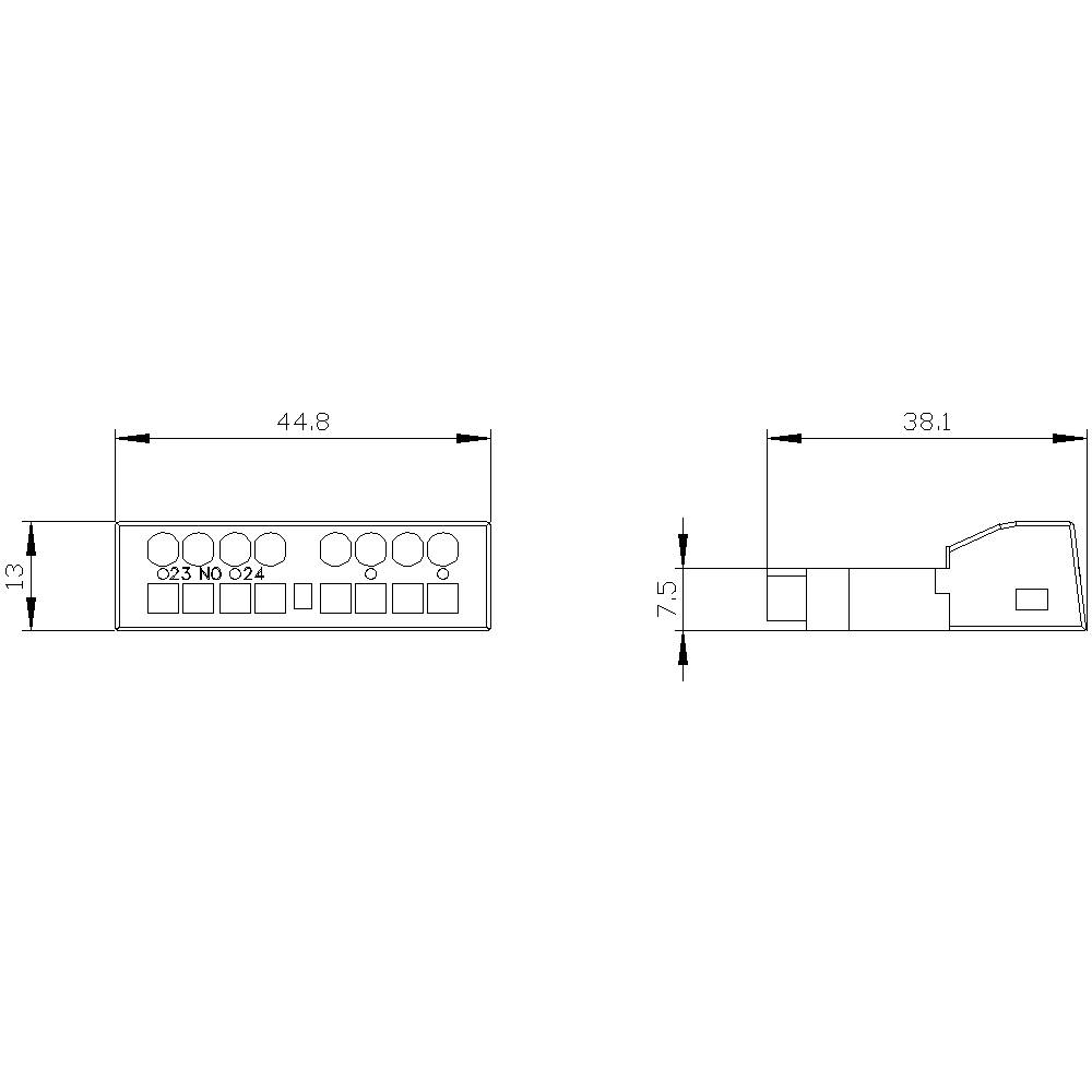 Technische Zeichnung eines rechteckigen Objekts mit Maßen: Breite 44,8 mm und 38,1 mm, Höhe 7,5 mm. Oben Details zu Bohrungen.