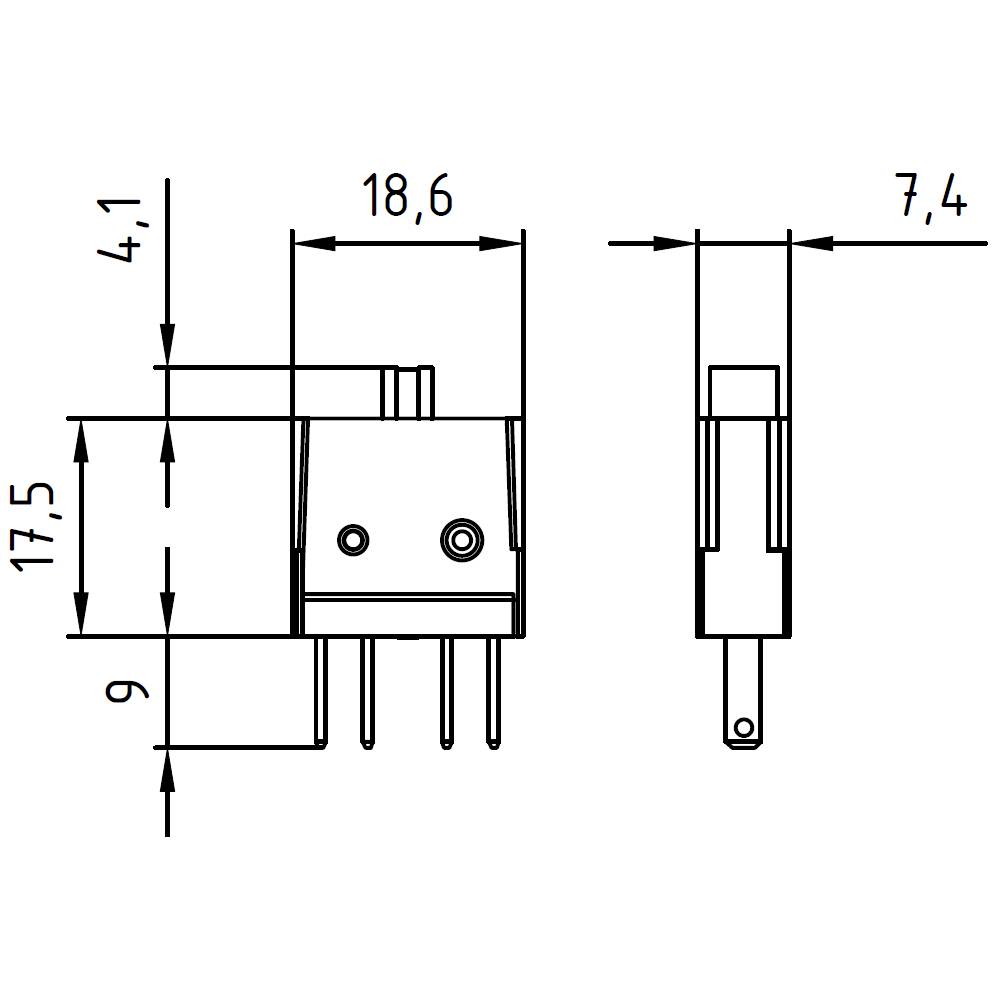 Technische Zeichnung eines Steckverbinders mit Maßen: Höhe 17,5 mm, Breite 18,6 mm, Tiefe 7,4 mm. Markierte Kontaktpins.