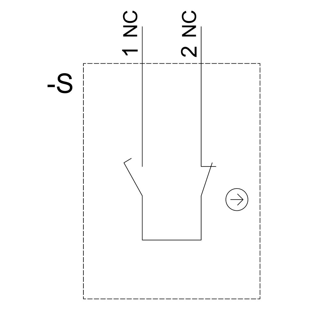 Schaltplan-Symbol mit zwei NC-Kontakten (1 NC, 2 NC) und Pfeil, der nach rechts zeigt.