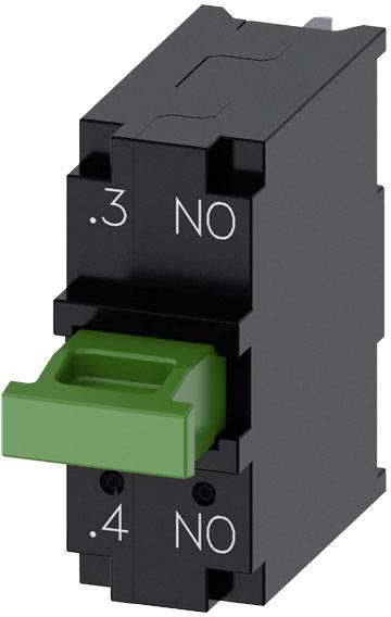 Schwarzer elektrischer Schalter mit zwei weißen Bezeichnungen '.3 NO' und '.4 NO'. Grüner Hebel in der Mitte des Schalters.
