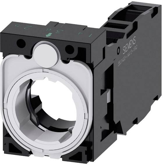 Schwarzes Kunststoffgehäuse mit rundem Einsatz und Beschriftungen. Teil eines Schaltersystems, genutzt in elektrischen Anwendungen.