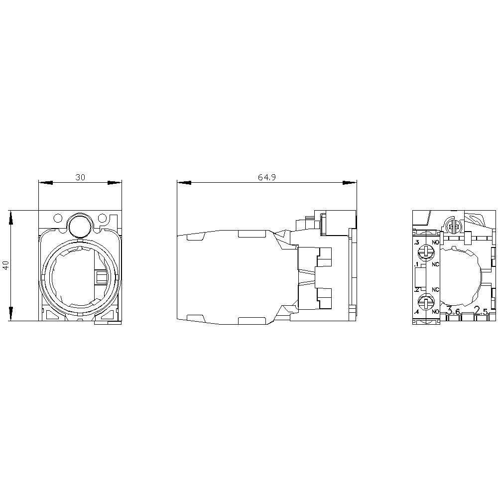 Technische Zeichnung eines elektrischen Geräts mit Abmessungen: Breite 30 mm, Höhe 40 mm, Tiefe 64,9 mm. Seiten- und Vorderansicht.