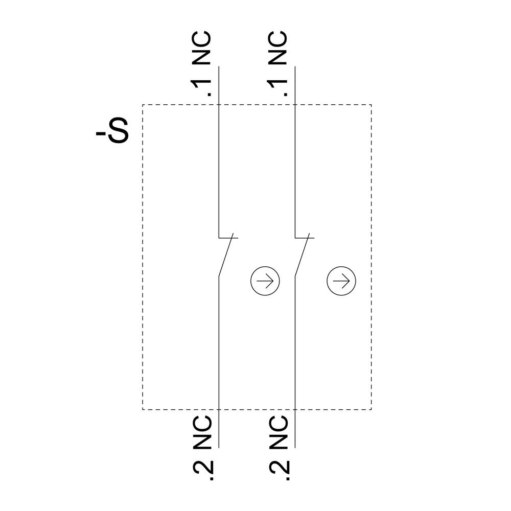 Das Diagramm zeigt ein Schaltzeichen mit zwei Kontakten, die als 1 NC und 2 NC gekennzeichnet sind.