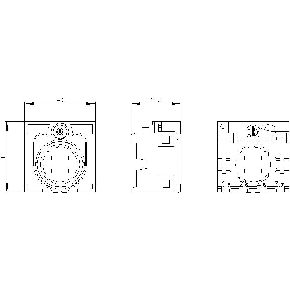 Technische Zeichnung eines elektrischen Bauteils mit Maßen: 40 x 40 mm Breite, 28.1 mm Tiefe. Detailansichten von vorne, seitlich und oben.