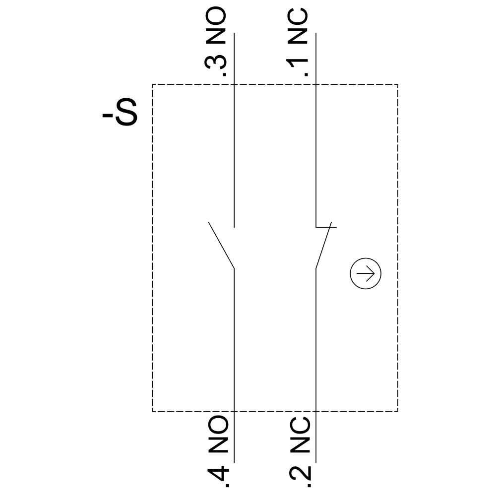 Das Bild zeigt ein elektrisches Schaltsymbol für einen zweipoligen Schalter mit zwei Öffnerkontakten (4 NO) und zwei Schließkontakten (2 NC).
