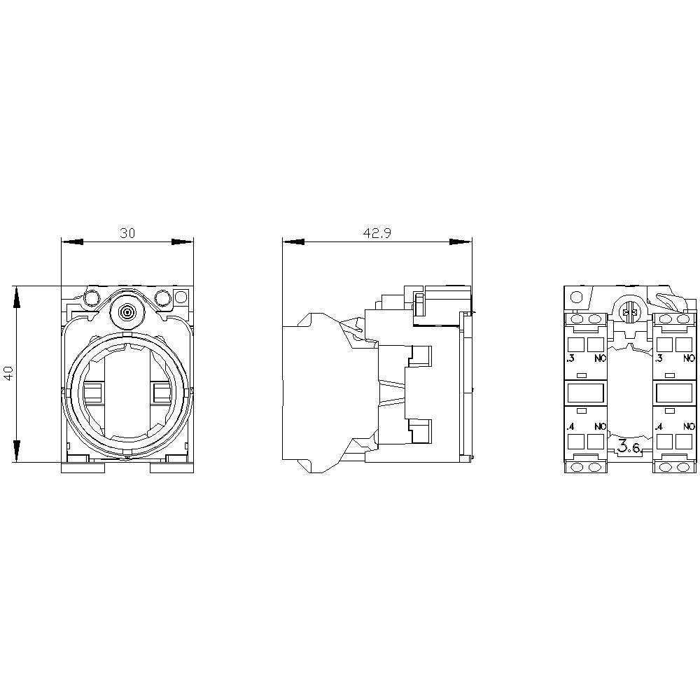 Technische Zeichnung eines elektronischen Bauteils mit detaillierten Abmessungen. Zeigt Vorder-, Seiten- und Rückansicht mit Maßen in Millimetern.