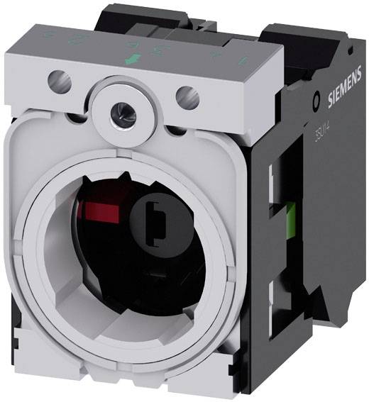 Siemens Schaltgerätebauteil in Schwarz und Grau, geeignet für industrielle Steuerungen, mit drehbarem Mittelteil und grünen Markierungen.