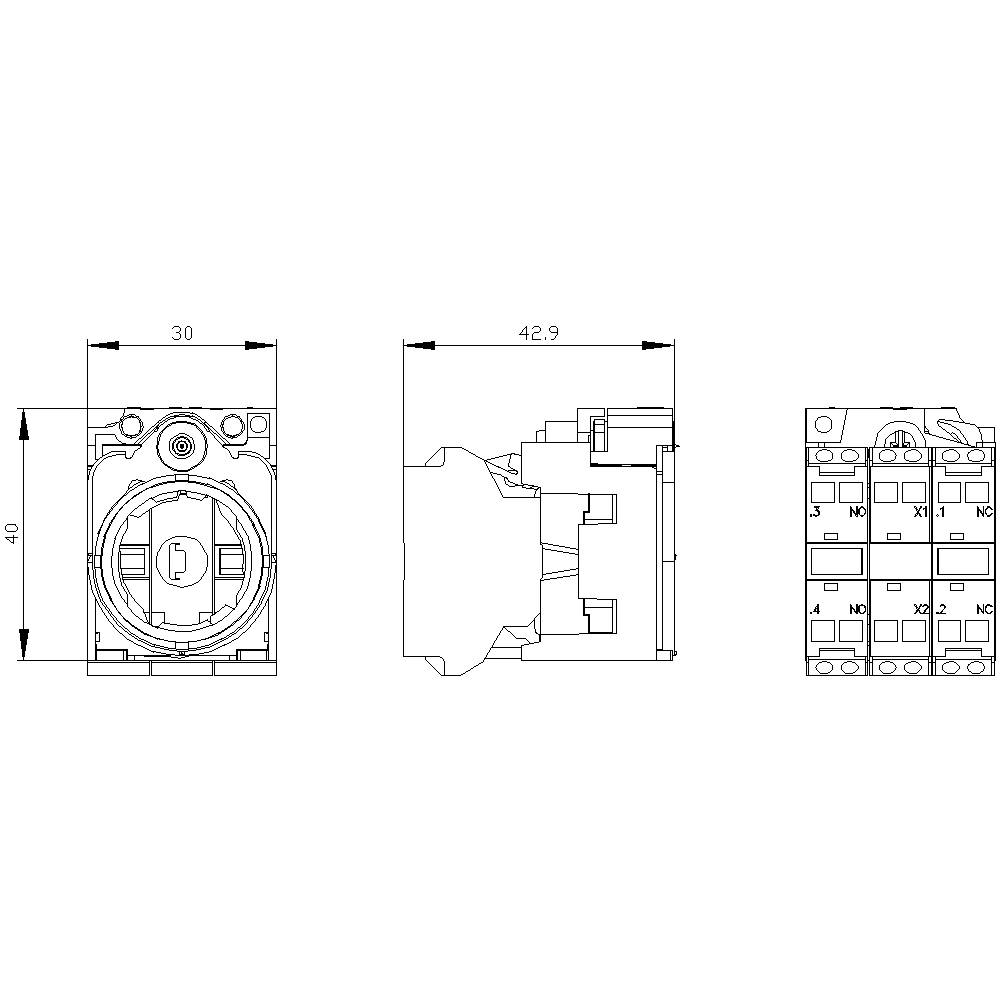 Technische Zeichnung eines Schalters mit Abmessungen: Breite 30 mm, Tiefe 42,9 mm, Höhe 40 mm. Detaillierte Ansicht mehrerer Seiten.